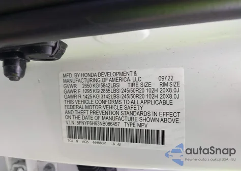 2022 Honda Pilot Awd Touring 7 Passenger из США, поврежденный, VIN 5FNYF6H63NB086457